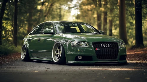 Forest road stance car glowing in soft golden daylight.