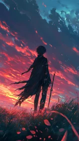 Lone swordsman surveys blazing sunset storm sky.
