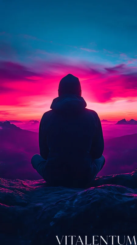 Silhouetted hiker at twilight ridge under magenta cyan sky