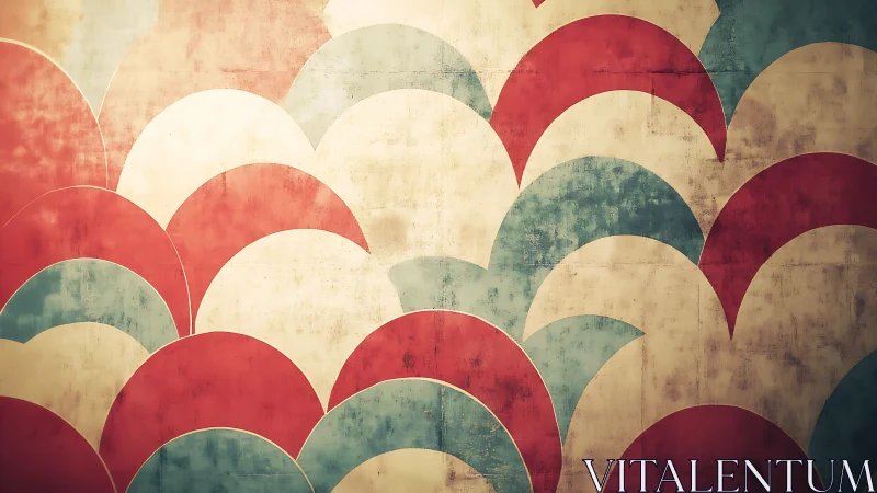 Overlapping semicircle pattern in muted red, teal, cream tones.