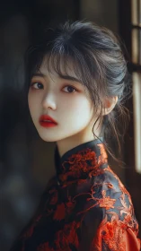 Elegant digital portrait of young woman in red qipao.
