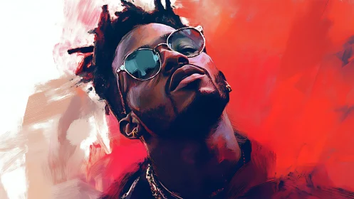 Bold portrait of man in sunglasses on vivid red backdrop.