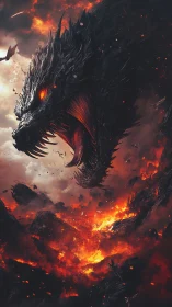 Digital painting of infernal dragon amid erupting lava clouds.