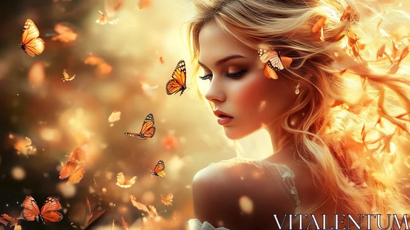 Ethereal blonde muse amid luminous monarch butterflies.