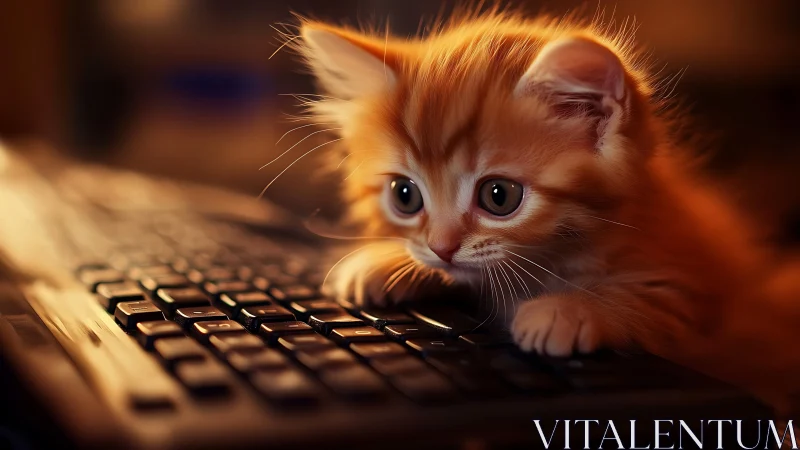 Kitten examining keyboard in studio lighting environment.