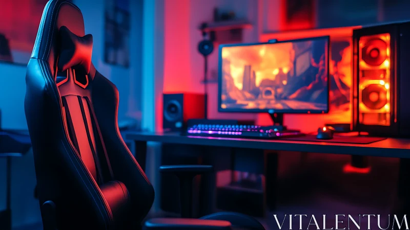 Modern gaming chair in RGB lit desktop setup at night.