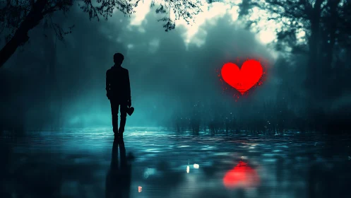 Solitary Figure Traversing Flooded Forest with Luminous Red Heart Symbol