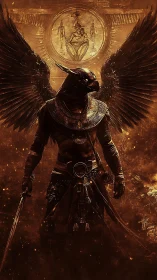 Winged humanoid hawk warrior before Egyptian relief.