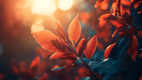 Backlit crimson foliage under warm specular sunset glow.