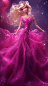 Pink ballgown doll in glittering cosmic styled environment.