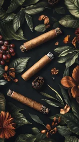 Cigars arranged among tropical leaves and flowers.