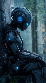 Quiet blue-hour robot resting in a rainy forest corner.