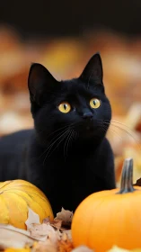 Black cat with striking amber eyes surrounded by autumn pumpkins