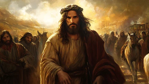 Messianic figure strides forward in radiant, golden dusk.