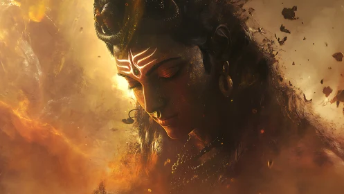 Serene divine figure glows softly amid drifting golden embers