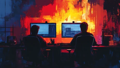 Developers code at dual monitors amid blazing neon glow.
