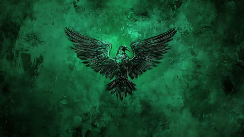 Majestic Black Eagle on Textured Emerald Green Abstract Background.
