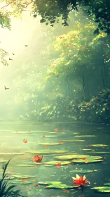 Sunlit forest pond with red lotus flowers and lilypads.