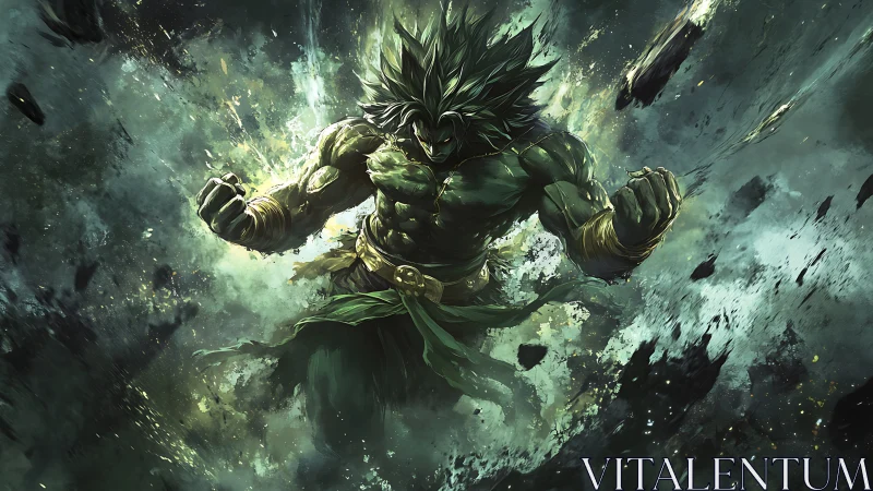 Green muscular warrior amid explosive energy and debris.