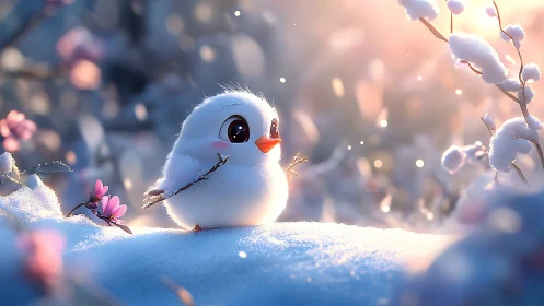 Spherical Avian Entity with Anthropomorphic Features in Luminous Winter Landscape.