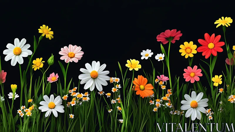 Neon Garden Symphony: Radiant Blooms Dance Against Obsidian Night