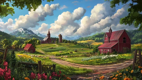 Sunlit red barns rest beneath drifting clouds and peaks