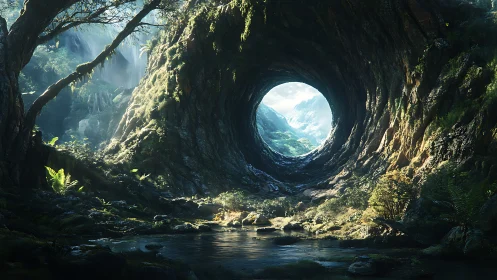 Lush forest tunnel opens onto bright distant valley view.