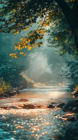 Golden forest creek glows in misty morning light.