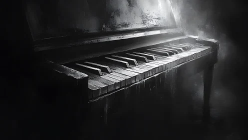 Shadow-soaked piano waits where forgotten melodies still breathe