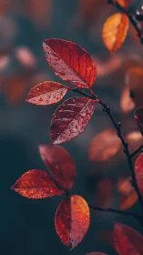Macro study of rain soaked red leaves against cool bokeh field