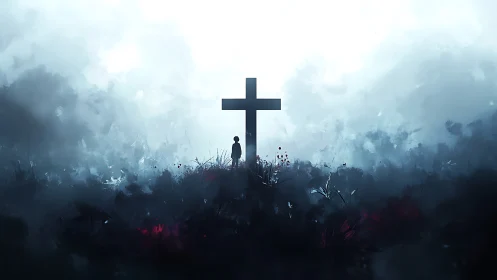 Solitary mourner beneath a towering cross in misted dusk.