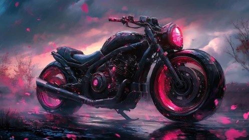 Custom neon motorcycle in rainy dusk environment.