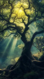 Sunlit elder tree catching enchanted rivers of light.