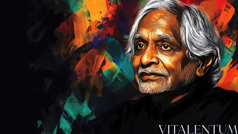 Warm portrait of a thoughtful elder amid vivid colors.