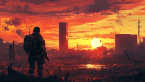 Armored wanderer surveys post‑apocalyptic skyline at irradiated dusk