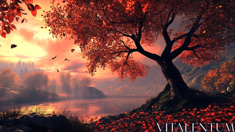 Digital painting of autumn lakeside tree in dramatic sunset light.