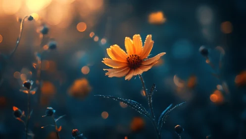 Golden Flower at Dusk with Dew Drops.