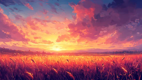 Burnished wheat horizon under lantern-bright sunset skies.