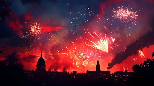 Fireworks over city skyline with domed and spired buildings.