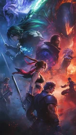 Fantasy heroes clash amid elemental fire and ice forces.