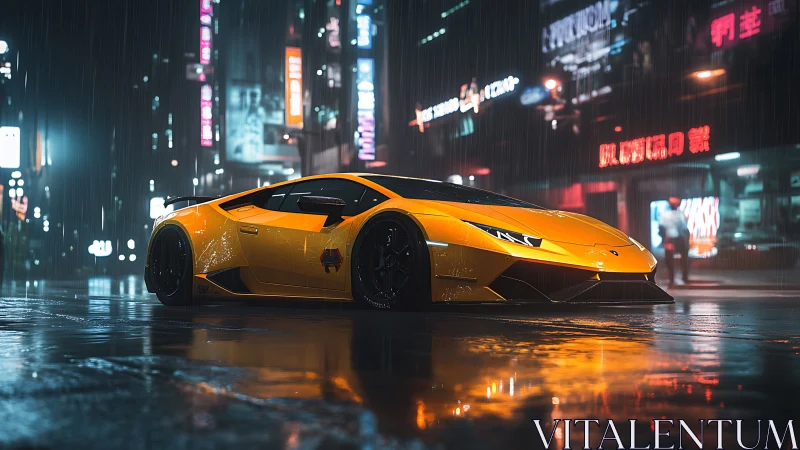 Yellow supercar slices through neon-lit rain in cyber-noir streets