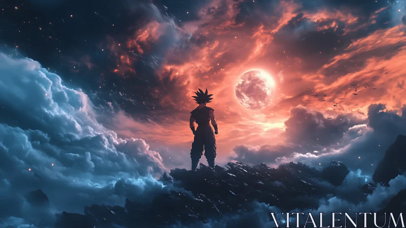 Silhouetted warrior surveys a celestial storm over glowing moon