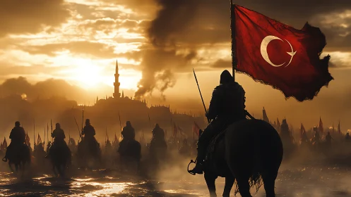 Ottoman cavalry advance under a blazing dawn sky.