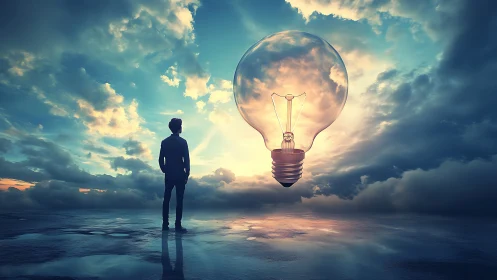 Silhouetted observer with oversized luminous bulb over sky mirror.