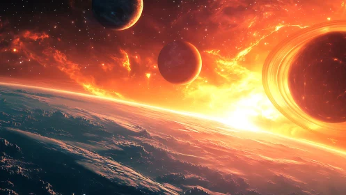 Ringed black planet dominates fiery alien sunrise sky