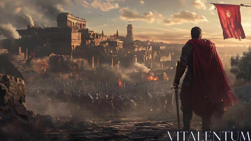 Armored commander surveys ancient city under siege at dusk