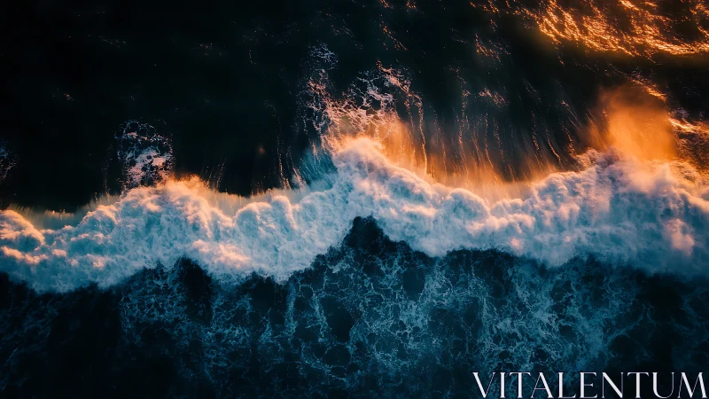 Aerial seascape with golden hour surf and tonal contrast study.