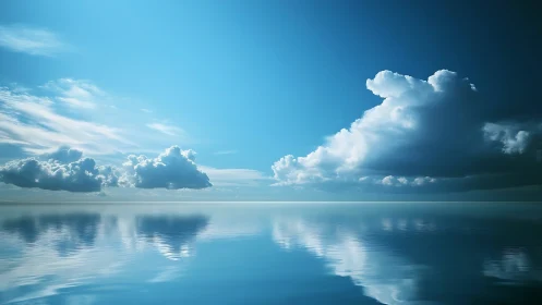 Calm ocean horizon mirrors towering cumulus clouds perfectly.