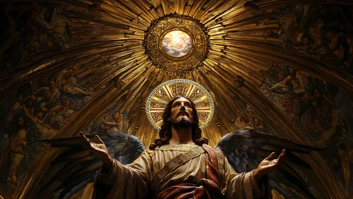 Angel statue stands beneath radiant golden domed ceiling