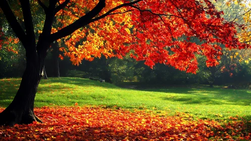 Tree with red autumn foliage over sunlit green meadow